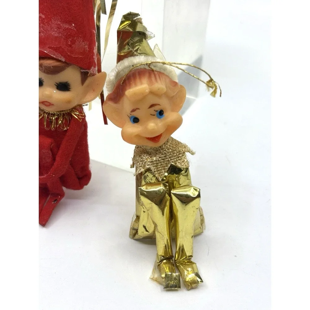 VINTAGE DELTA JAPAN GOLD PIXIE ELF KNEE HUGGER CHRISTMAS ORNAMENT BIG NOSE W TAG